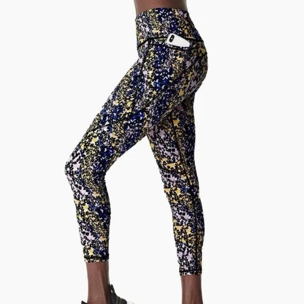 Sweaty Betty Power Crop Leggings Floral Abstract Blue Yellow Women's Small